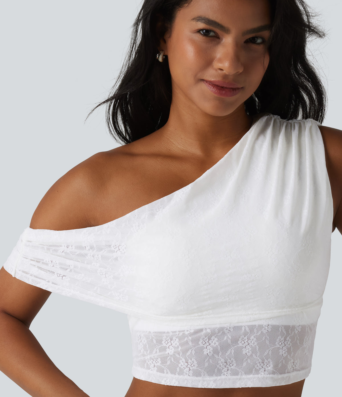 One-shoulder Built-in Bra Ruched Lace Casual Sports Top — White — view 6
