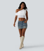One-shoulder Built-in Bra Ruched Lace Casual Sports Top — White — view 7