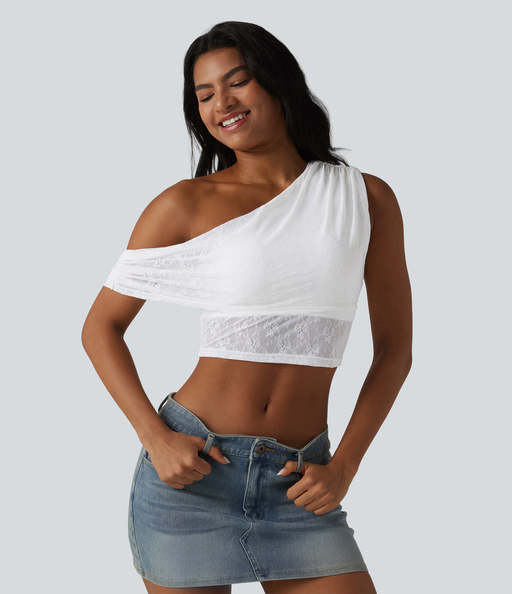 One-shoulder Built-in Bra Ruched Lace Casual Sports Top — White — view 4