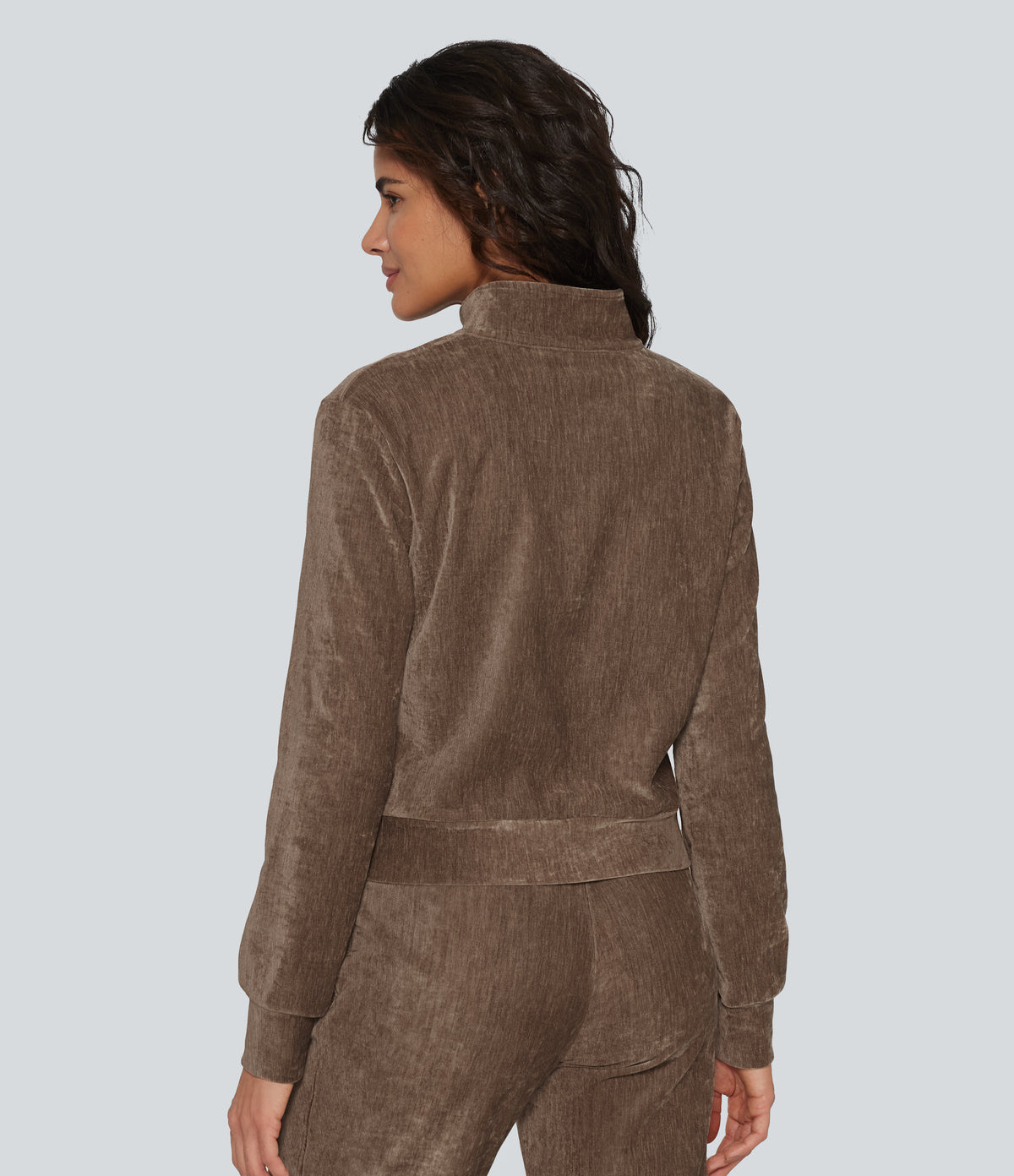 Long Sleeve Velvet Lounge Jacket with Pockets — Cocoa Brown — view 2