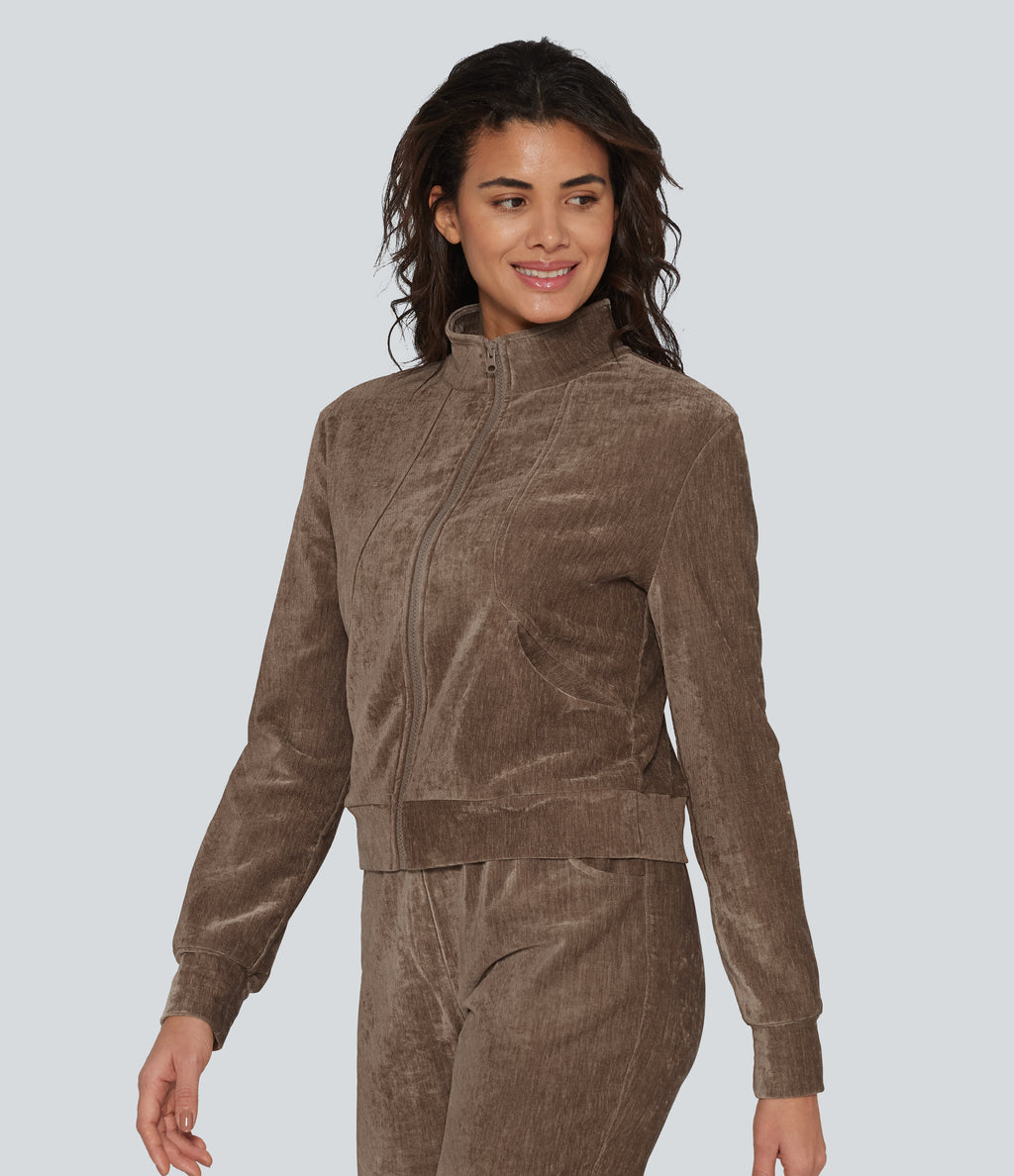Long Sleeve Velvet Lounge Jacket with Pockets — Cocoa Brown — view 4