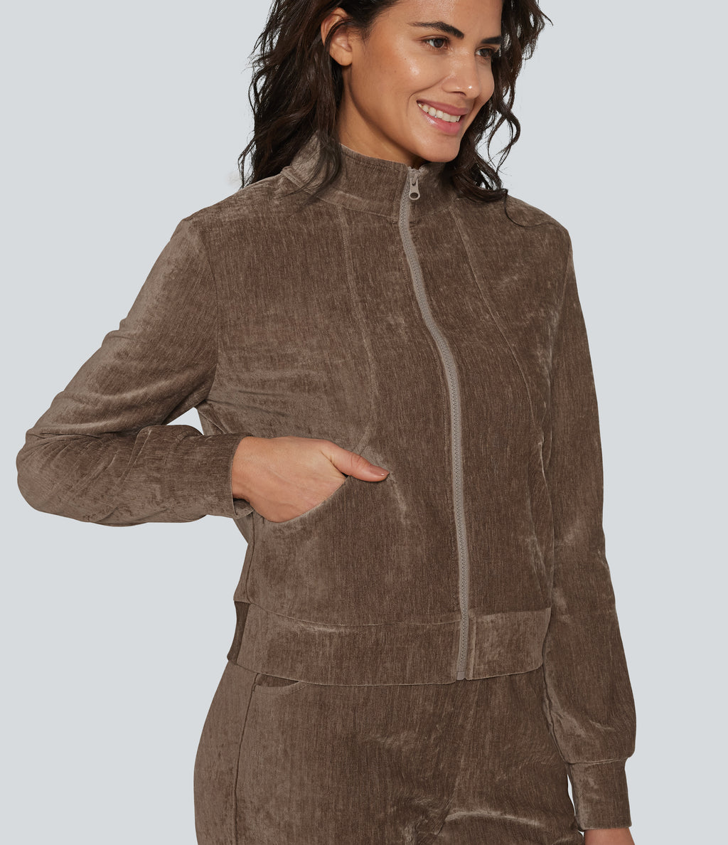 Long Sleeve Velvet Lounge Jacket with Pockets — Cocoa Brown — view 1