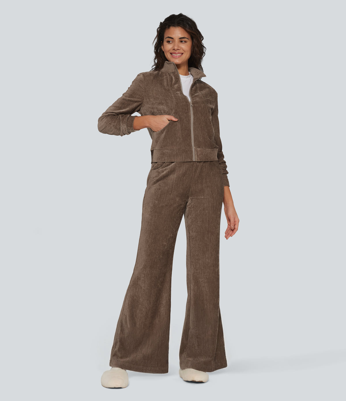 Long Sleeve Velvet Lounge Jacket with Pockets — Cocoa Brown — view 5