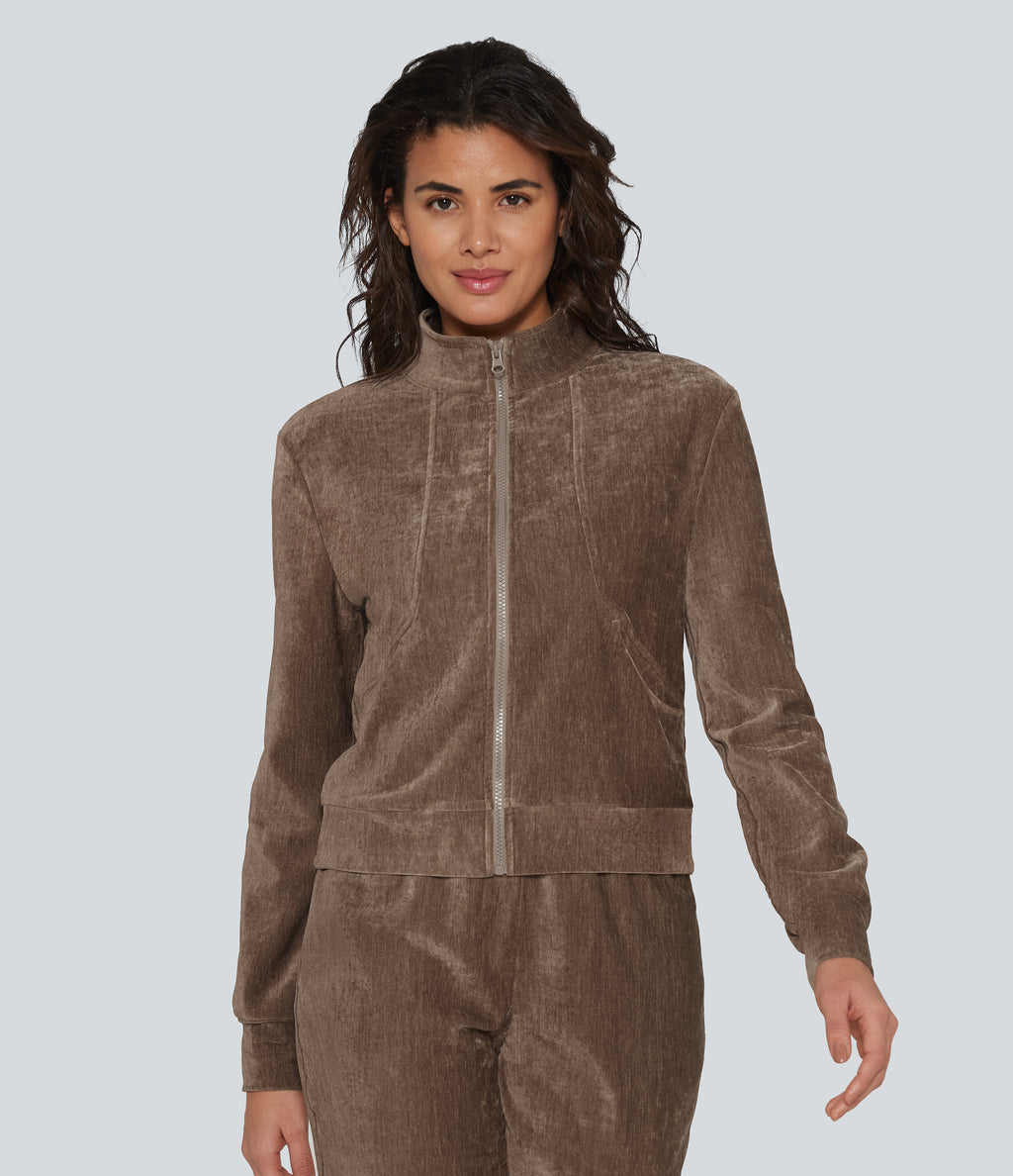 Long Sleeve Velvet Lounge Jacket with Pockets — Cocoa Brown — view 3
