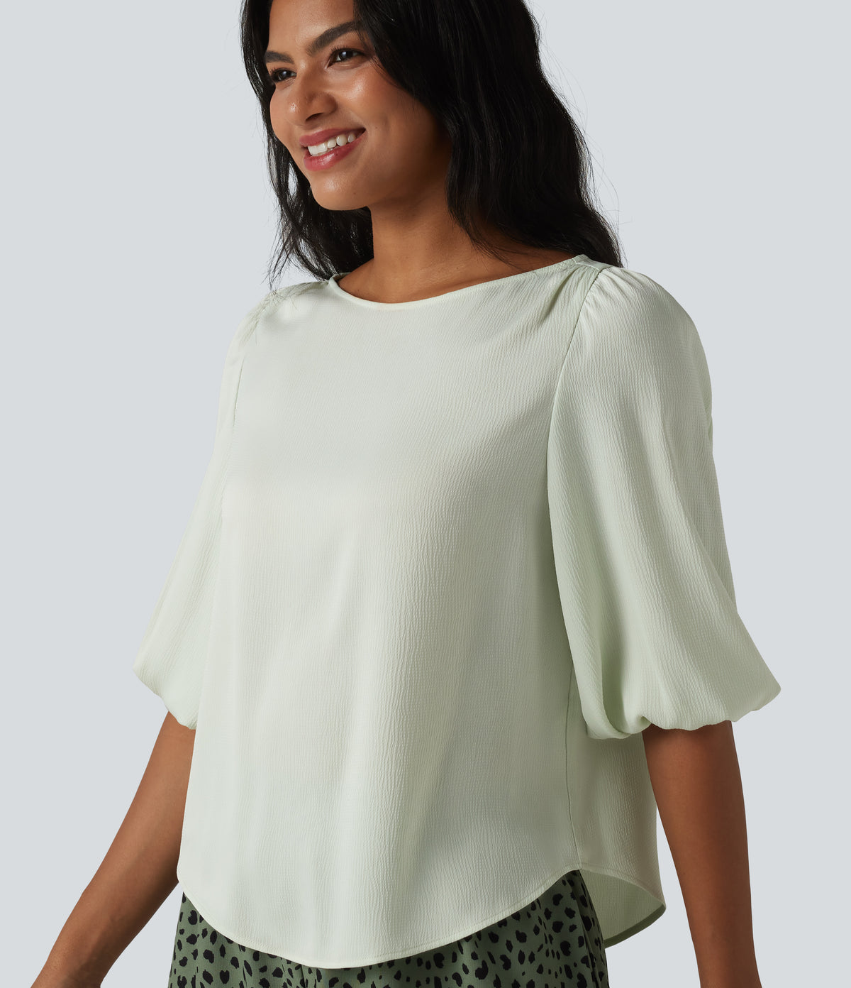 Puff Sleeve Curved Hem Texture Casual Blouse — Zephyr Blue — view 4