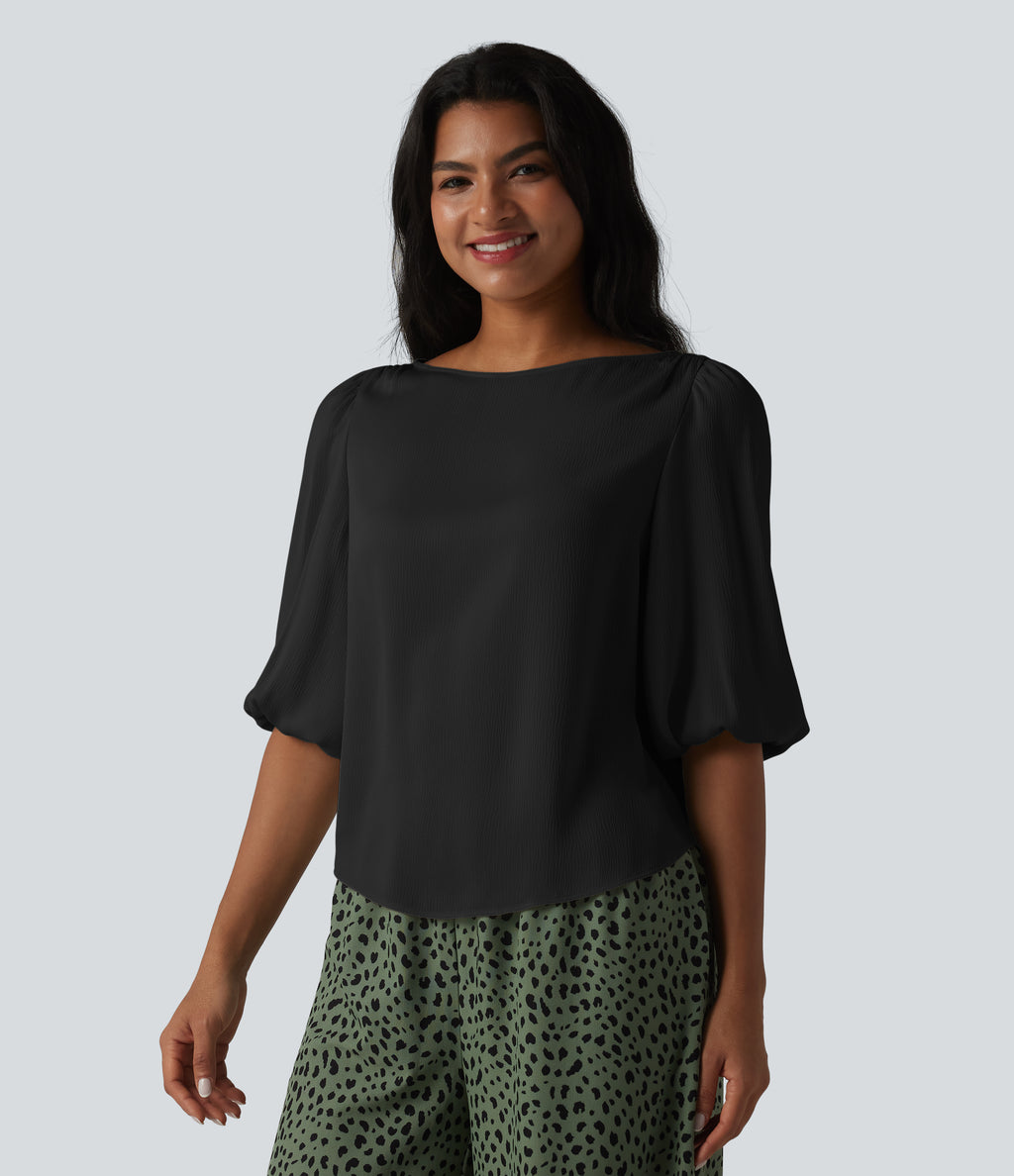Puff Sleeve Curved Hem Texture Casual Blouse — Black — view 6