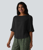 Puff Sleeve Curved Hem Texture Casual Blouse — Black — view 6