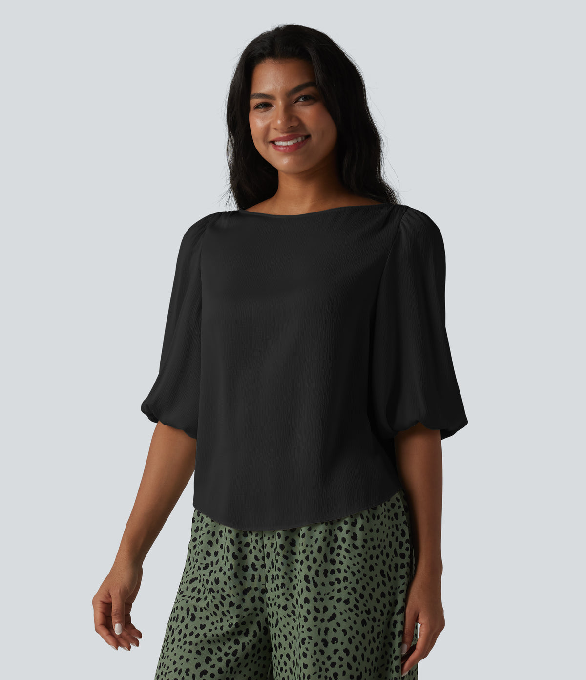Puff Sleeve Curved Hem Texture Casual Blouse — Black — view 6