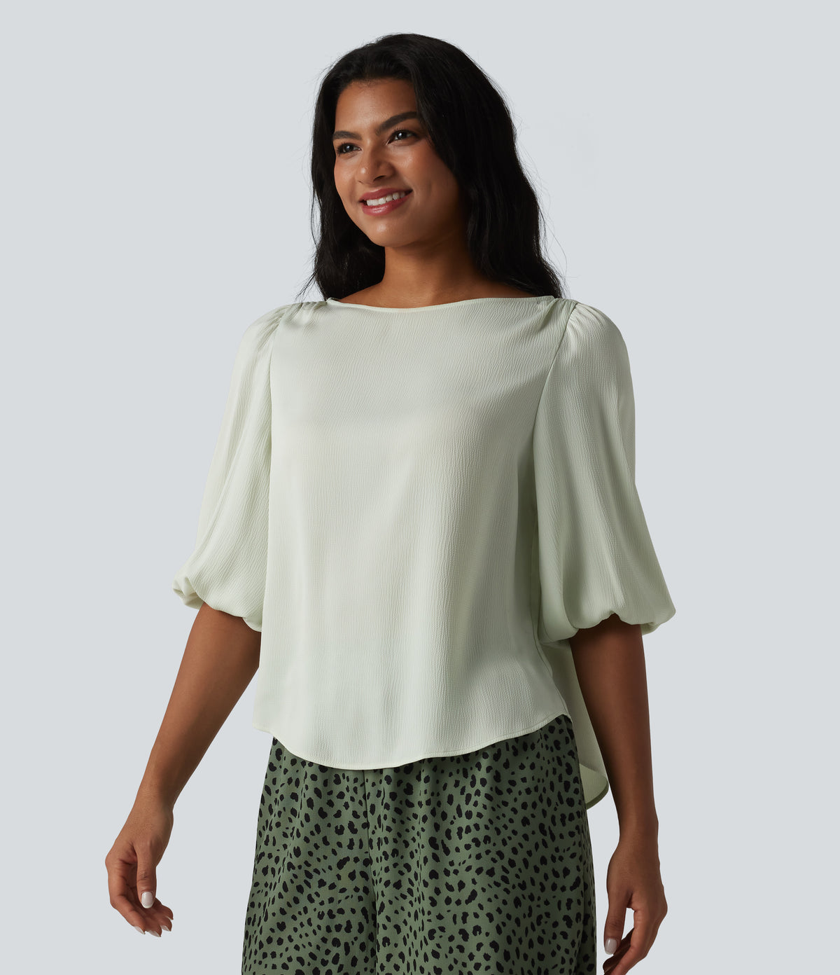 Puff Sleeve Curved Hem Texture Casual Blouse — Zephyr Blue — view 1