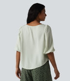 Puff Sleeve Curved Hem Texture Casual Blouse — Zephyr Blue — view 2
