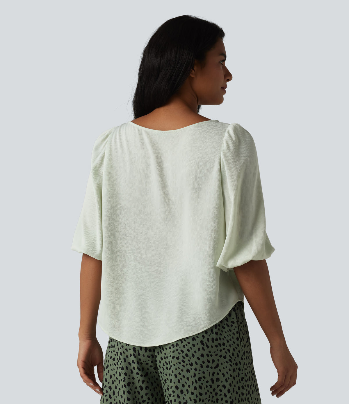 Puff Sleeve Curved Hem Texture Casual Blouse — Zephyr Blue — view 2