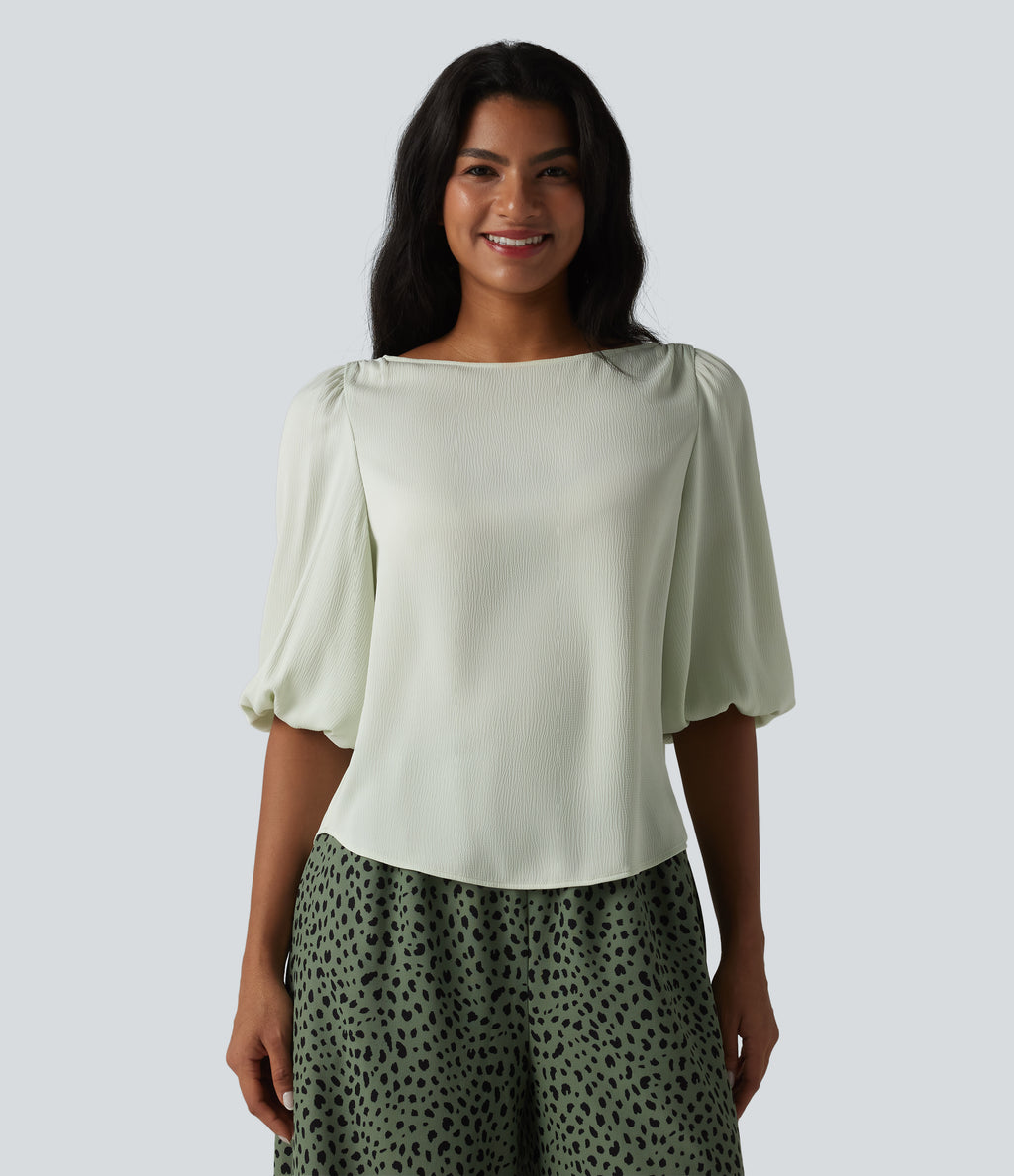 Puff Sleeve Curved Hem Texture Casual Blouse — Zephyr Blue — view 3