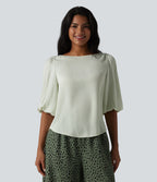 Puff Sleeve Curved Hem Texture Casual Blouse — Zephyr Blue — view 3