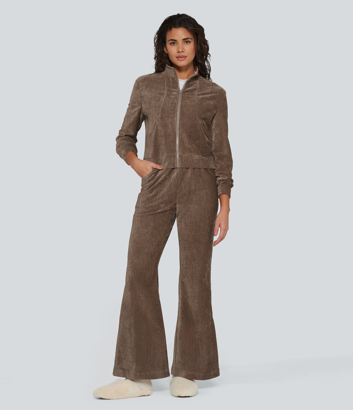 High Waisted Drawstring Velvet Flare Lounge Trousers with Pockets — Cocoa Brown — view 6