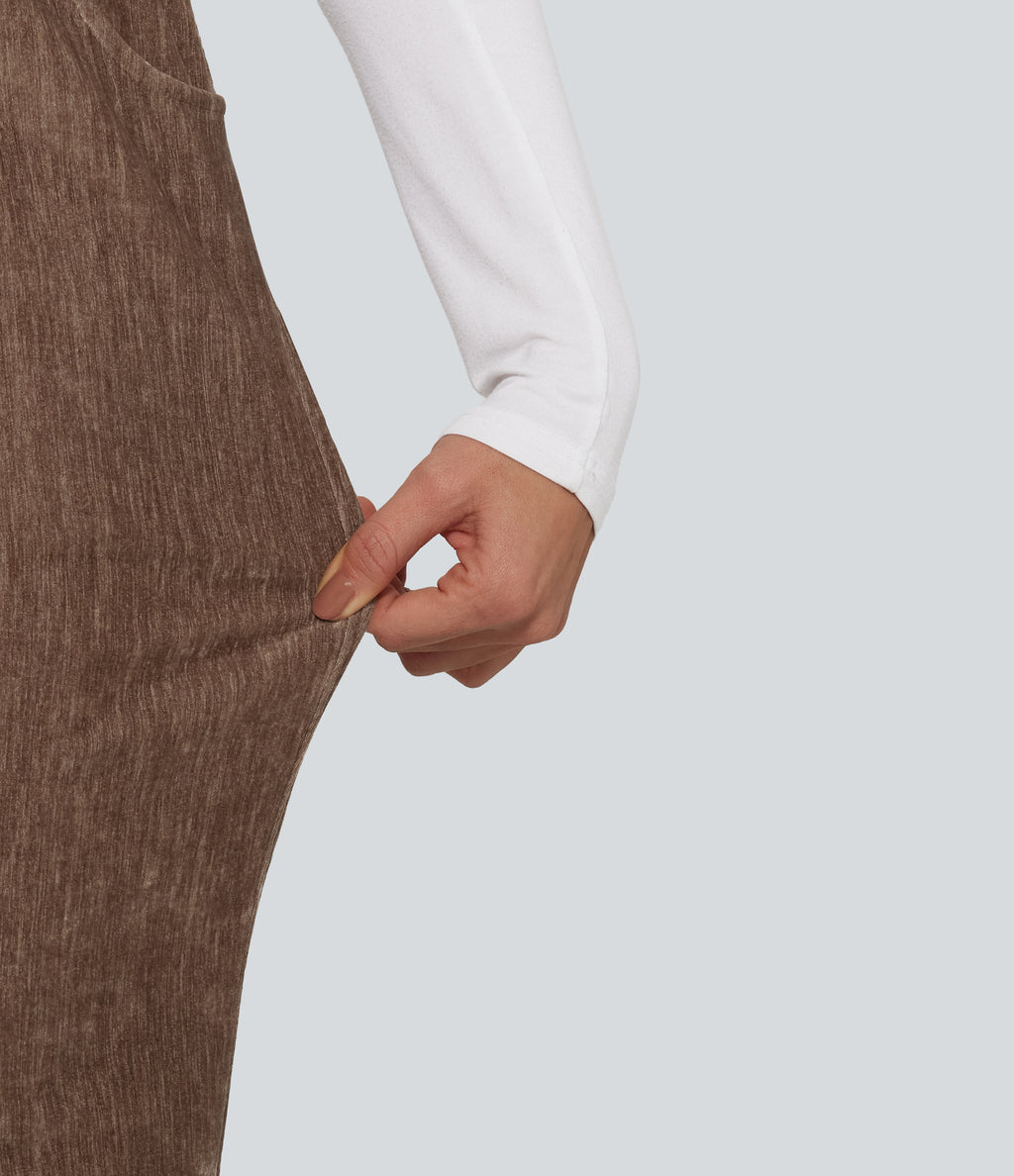 High Waisted Drawstring Velvet Flare Lounge Trousers with Pockets — Cocoa Brown — view 5