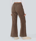 High Waisted Drawstring Velvet Flare Lounge Trousers with Pockets — Cocoa Brown — view 1