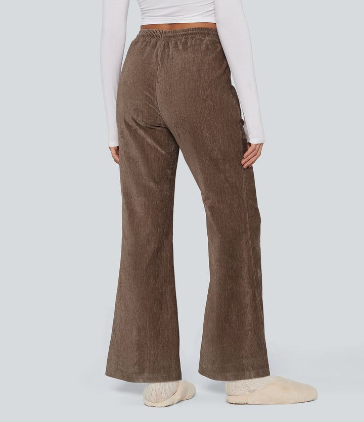 High Waisted Drawstring Velvet Flare Lounge Trousers with Pockets — Cocoa Brown — view 1
