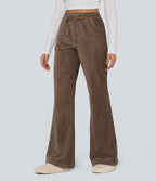 High Waisted Drawstring Velvet Flare Lounge Trousers with Pockets — Cocoa Brown — view 3