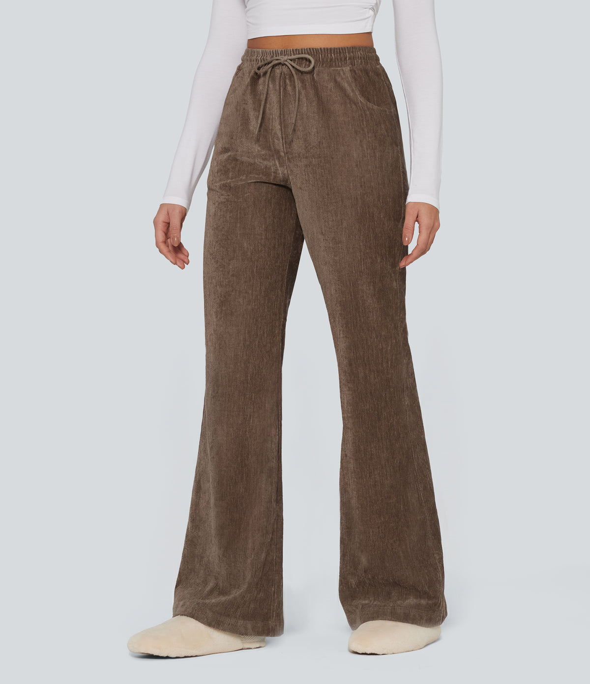 High Waisted Drawstring Velvet Flare Lounge Trousers with Pockets — Cocoa Brown — view 3