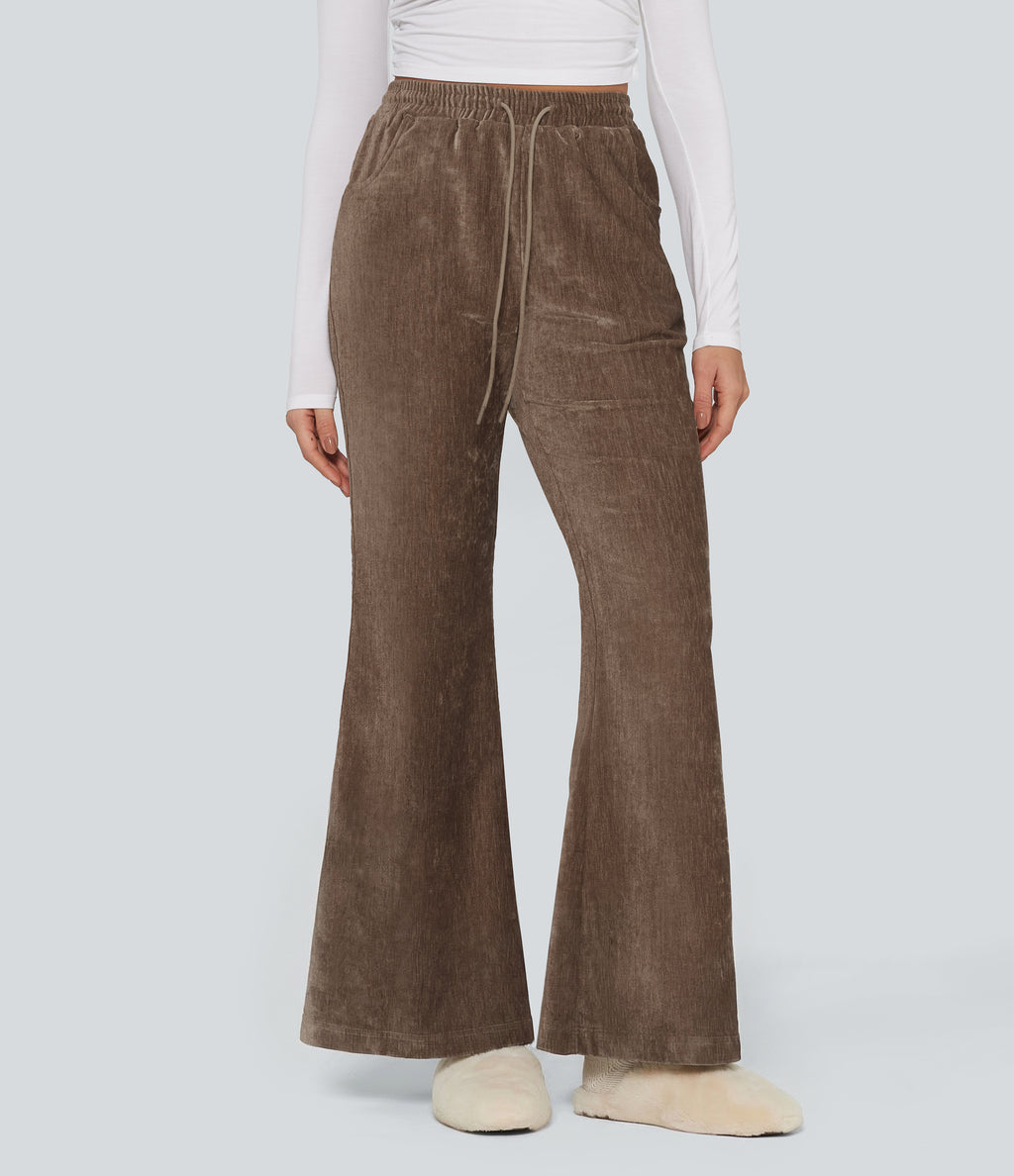 High Waisted Drawstring Velvet Flare Lounge Trousers with Pockets — Cocoa Brown — view 2