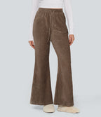 High Waisted Drawstring Velvet Flare Lounge Trousers with Pockets — Cocoa Brown — view 2