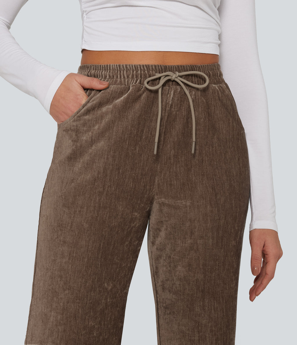 High Waisted Drawstring Velvet Flare Lounge Trousers with Pockets — Cocoa Brown — view 4
