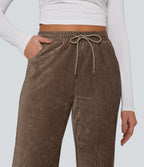 High Waisted Drawstring Velvet Flare Lounge Trousers with Pockets — Cocoa Brown — view 4