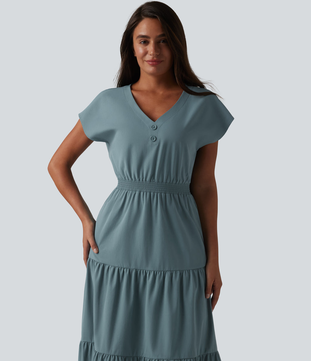 V Neck Short Sleeve Stretchy Poplin Midi Casual Dress — Stone Blue — view 4