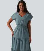 V Neck Short Sleeve Stretchy Poplin Midi Casual Dress — Stone Blue — view 4