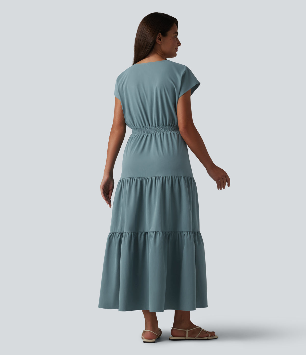V Neck Short Sleeve Stretchy Poplin Midi Casual Dress — Stone Blue — view 2