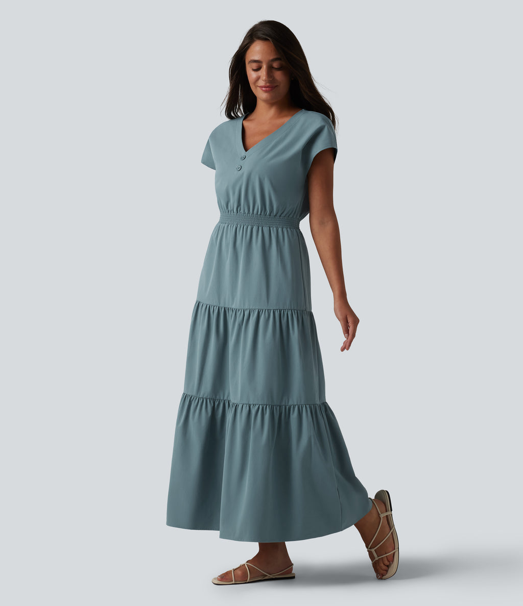 V Neck Short Sleeve Stretchy Poplin Midi Casual Dress — Stone Blue — view 3