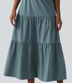 V Neck Short Sleeve Stretchy Poplin Midi Casual Dress — Stone Blue — view 5