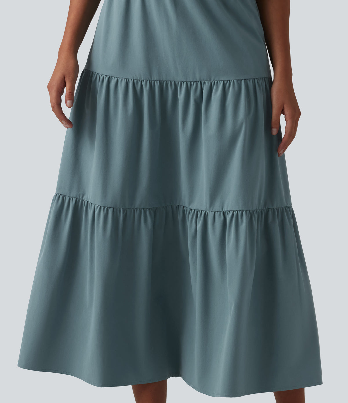 V Neck Short Sleeve Stretchy Poplin Midi Casual Dress — Stone Blue — view 5