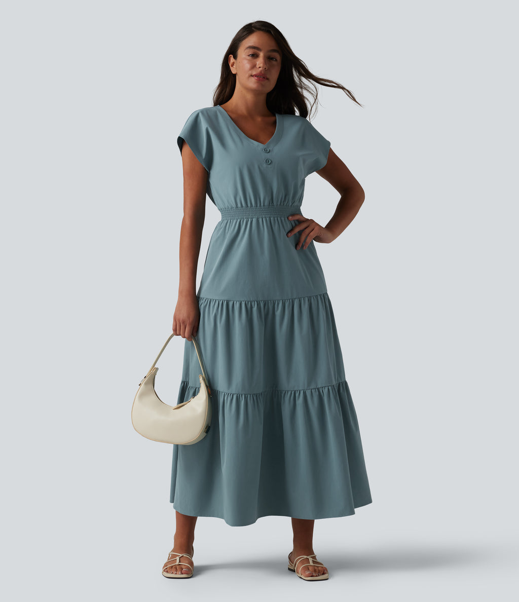 V Neck Short Sleeve Stretchy Poplin Midi Casual Dress — Stone Blue — view 6