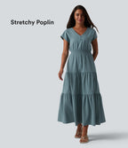 V Neck Short Sleeve Stretchy Poplin Midi Casual Dress — Stone Blue — view 1