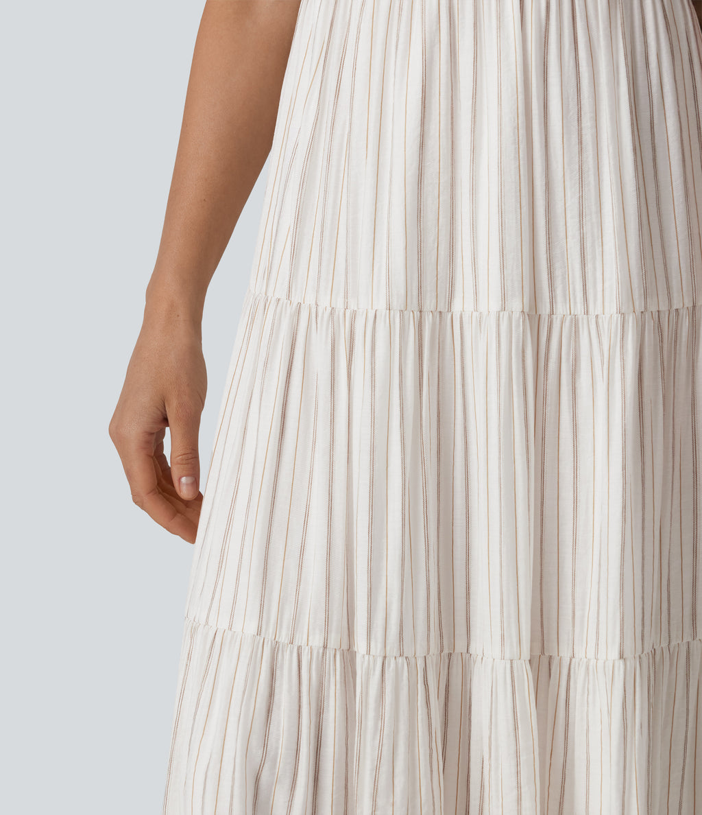 V Neck Lace Up Stripe Flowy Maxi Dress — Honey Oat Stripe — view 6