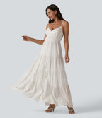 V Neck Lace Up Stripe Flowy Maxi Dress — Honey Oat Stripe — view 1