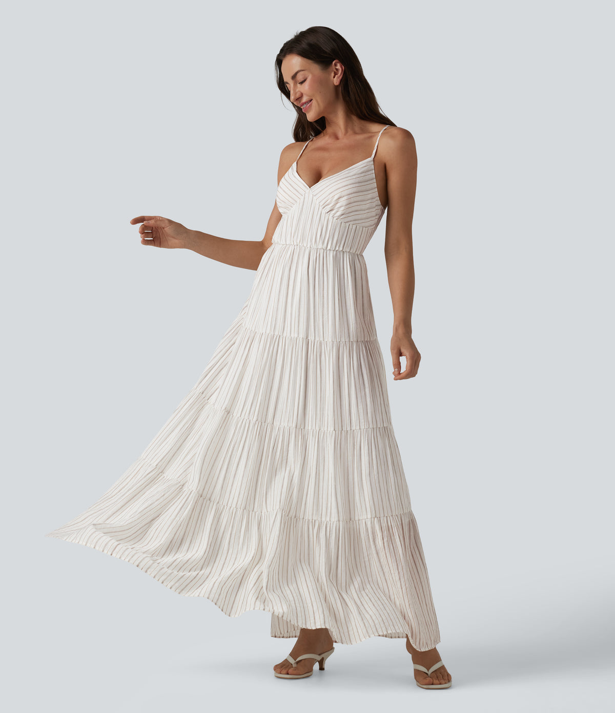 V Neck Lace Up Stripe Flowy Maxi Dress — Honey Oat Stripe — view 1