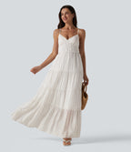 V Neck Lace Up Stripe Flowy Maxi Dress — Honey Oat Stripe — view 7