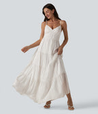 V Neck Lace Up Stripe Flowy Maxi Dress — Honey Oat Stripe — view 3
