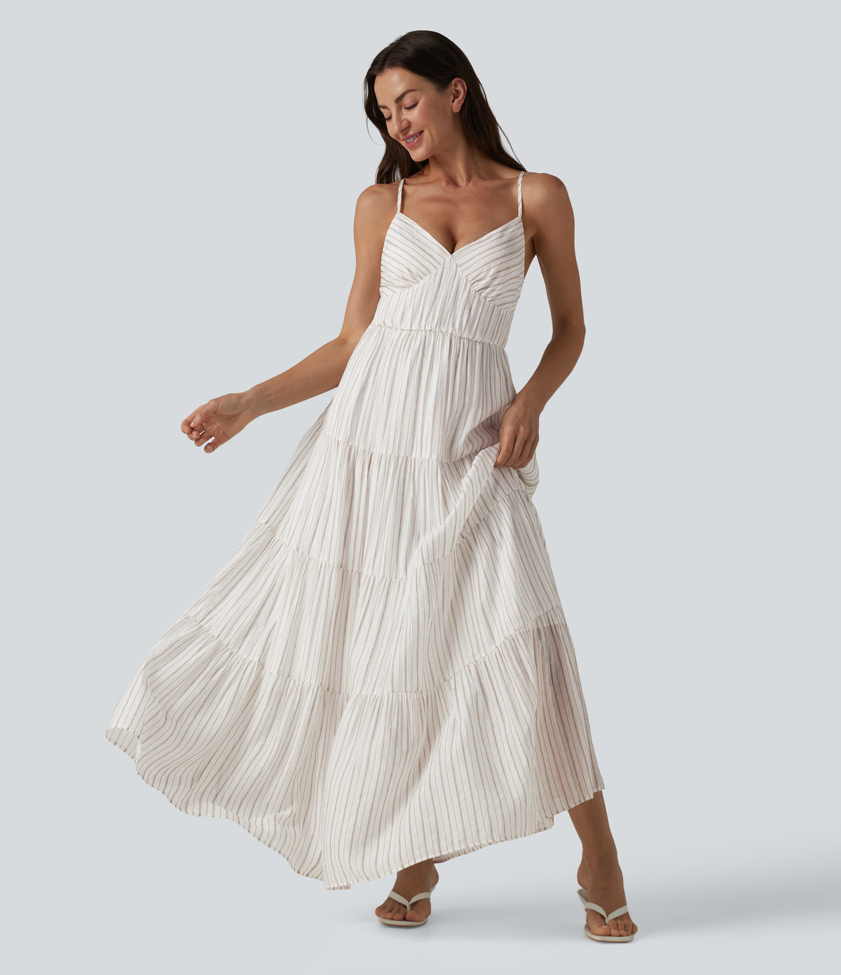 V Neck Lace Up Stripe Flowy Maxi Dress — Honey Oat Stripe — view 3
