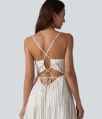 V Neck Lace Up Stripe Flowy Maxi Dress — Honey Oat Stripe — view 4