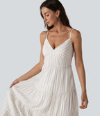 V Neck Lace Up Stripe Flowy Maxi Dress — Honey Oat Stripe — view 5