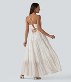 V Neck Lace Up Stripe Flowy Maxi Dress — Honey Oat Stripe — view 2