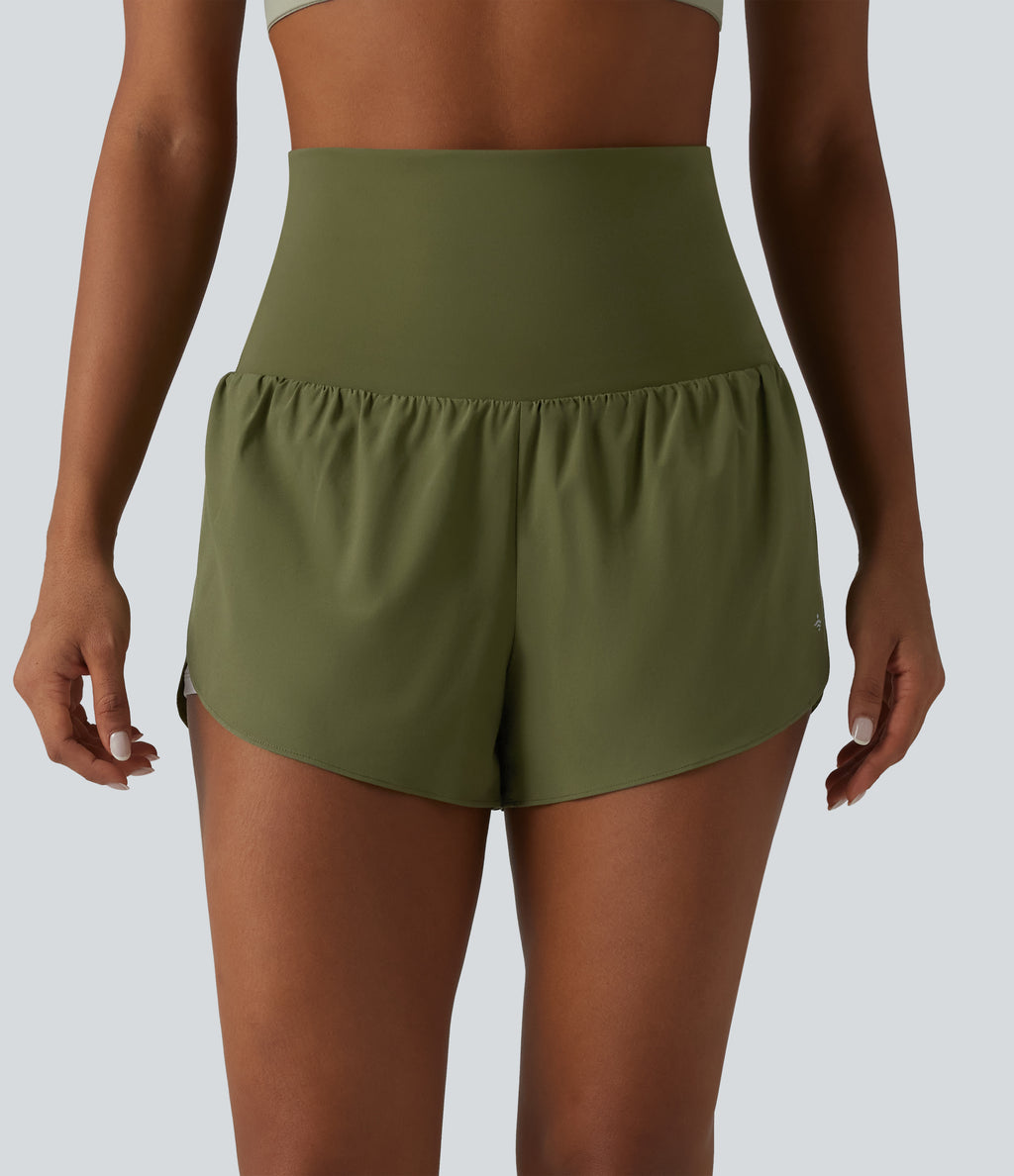 Foldover Super High Waisted Crossover Hem 2-in-1 Quick Dry Workout Shorts with Pockets — Sphagnum — view 3