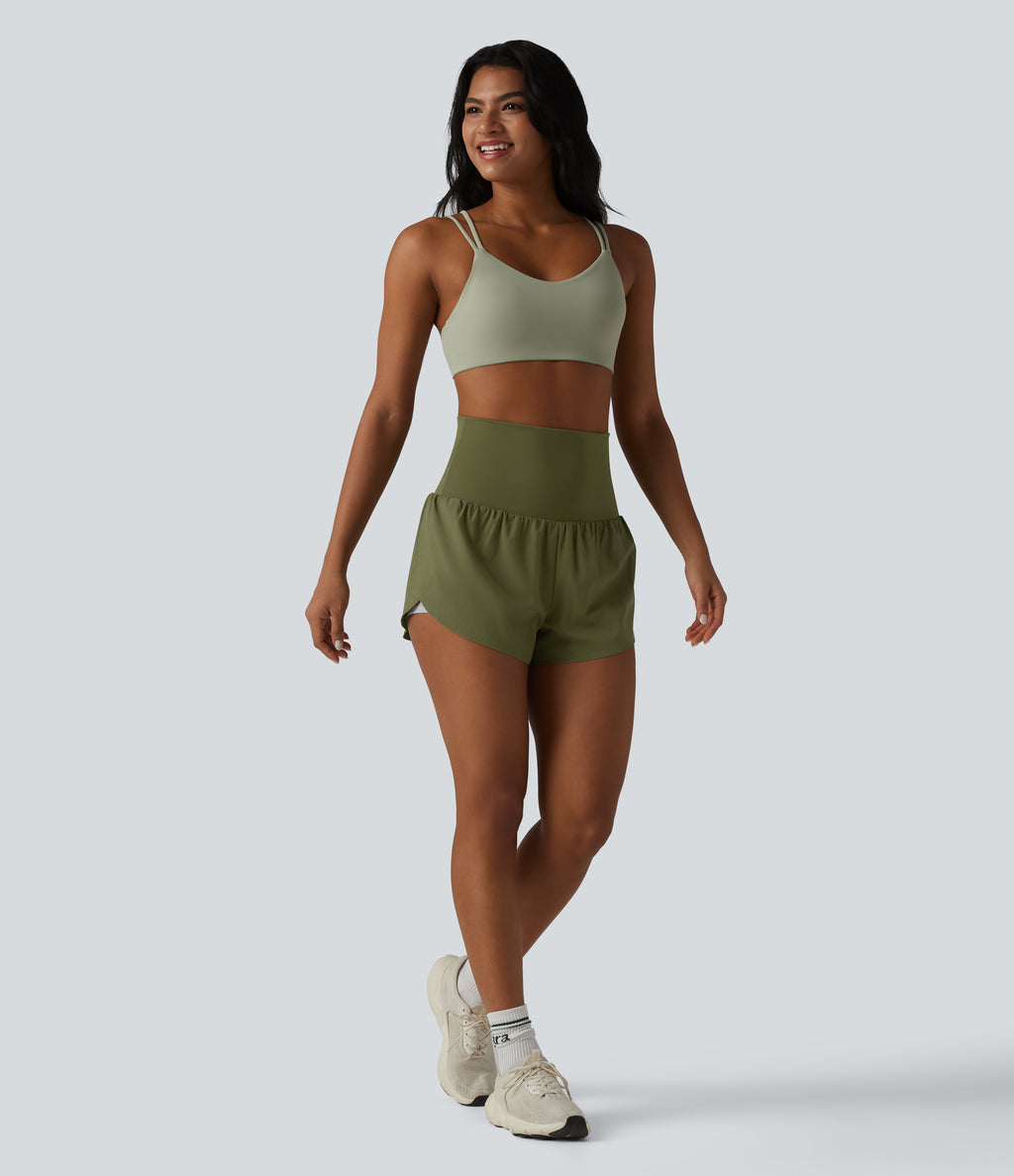 Foldover Super High Waisted Crossover Hem 2-in-1 Quick Dry Workout Shorts with Pockets — Sphagnum — view 7