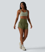 Foldover Super High Waisted Crossover Hem 2-in-1 Quick Dry Workout Shorts with Pockets — Sphagnum — view 7