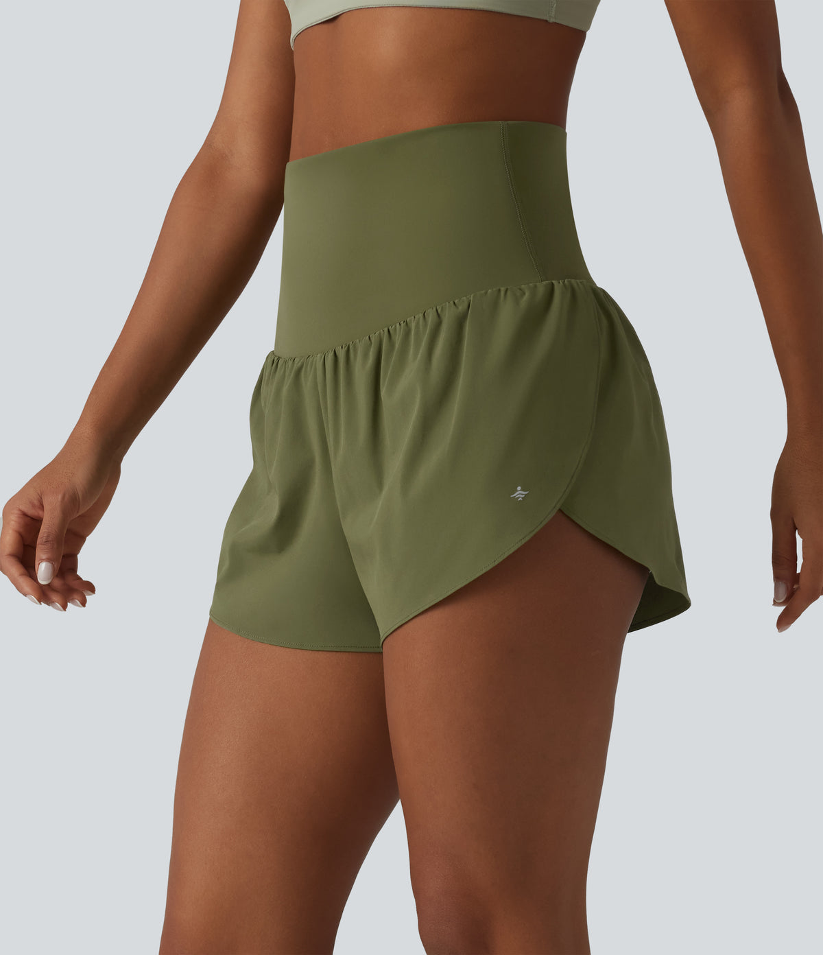Foldover Super High Waisted Crossover Hem 2-in-1 Quick Dry Workout Shorts with Pockets — Sphagnum — view 4
