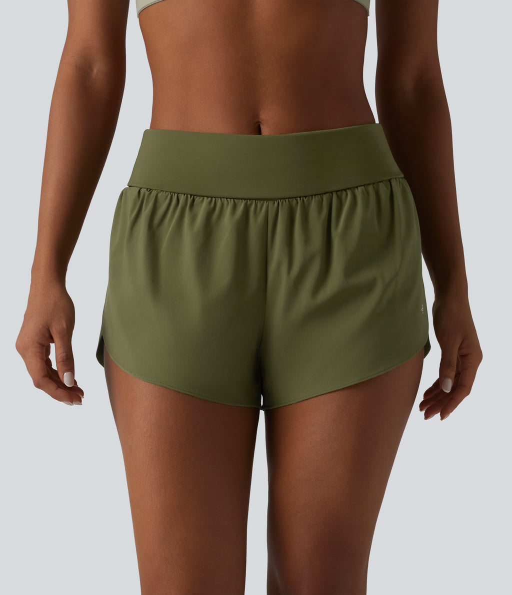 Foldover Super High Waisted Crossover Hem 2-in-1 Quick Dry Workout Shorts with Pockets — Sphagnum — view 5