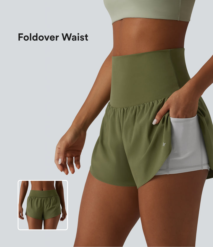 Foldover Super High Waisted Crossover Hem 2-in-1 Quick Dry Workout Shorts with Pockets — Sphagnum — view 1